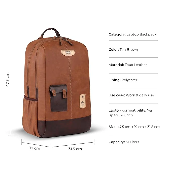 Classic 2 Leather Laptop Backpack With Anti-Theft 19 Inch (Tan) - Image 5