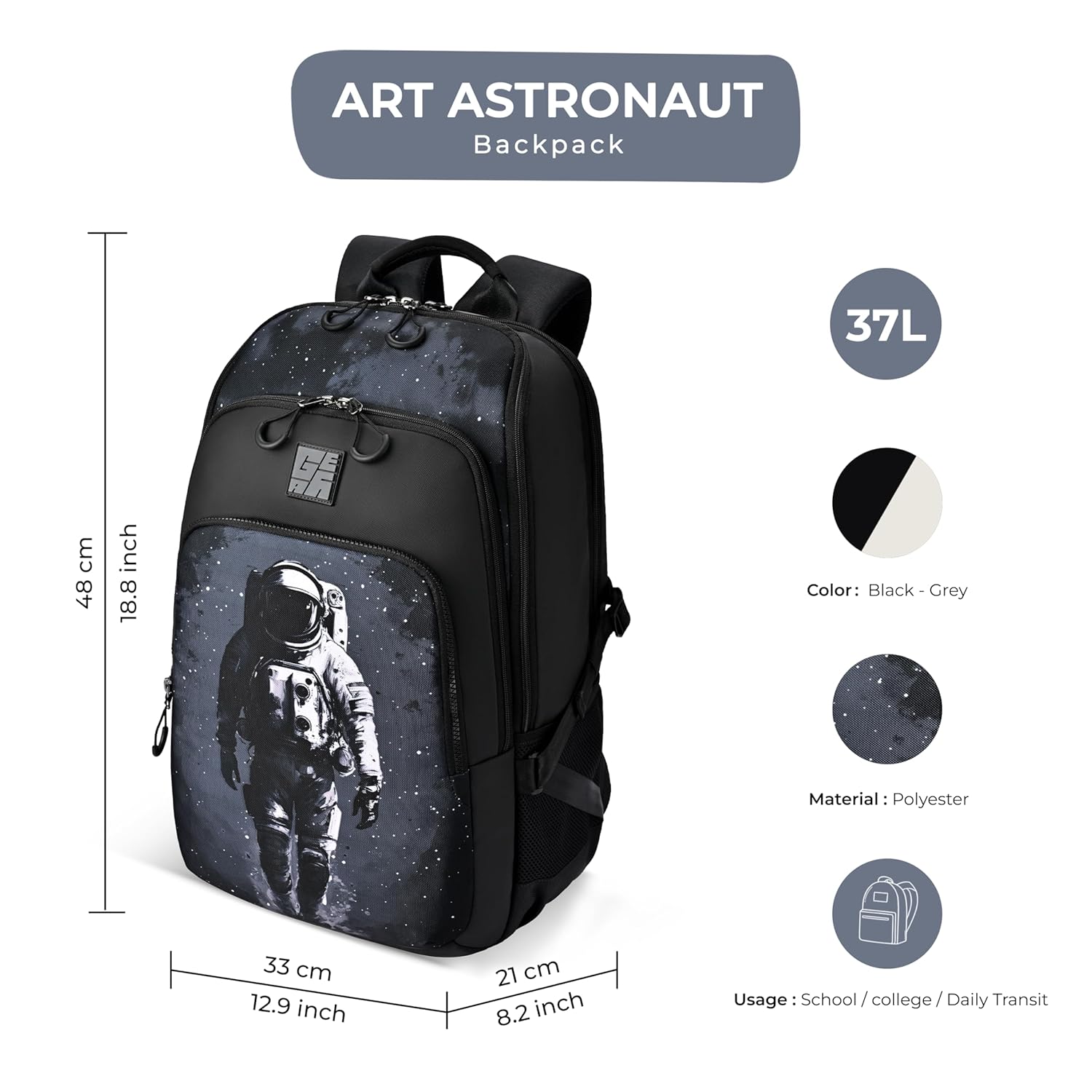 Art Astronaut Backpack 19 Inch (Black-Grey) - Image 6