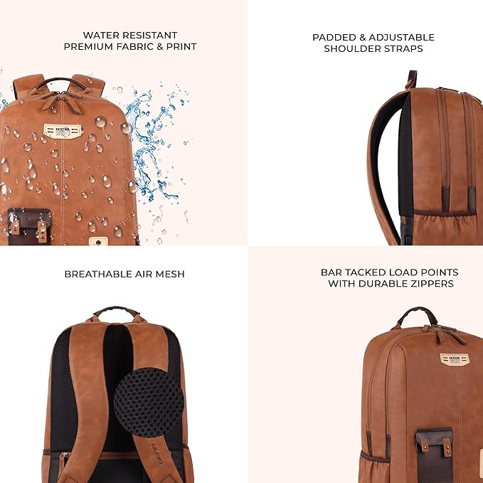 Classic 2 Leather Laptop Backpack With Anti-Theft 19 Inch (Tan) - Image 3